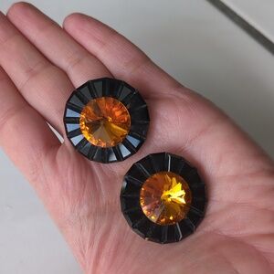 Vintage black resin and orange gemstone clip earrings